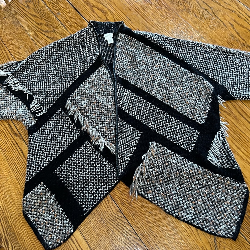 Chico’s Fringed Tweed Kinsley style cardigan.  Chico’s size 2 (Large 12).